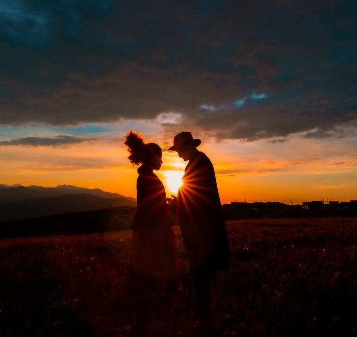 sunset, silhouettes, romantic